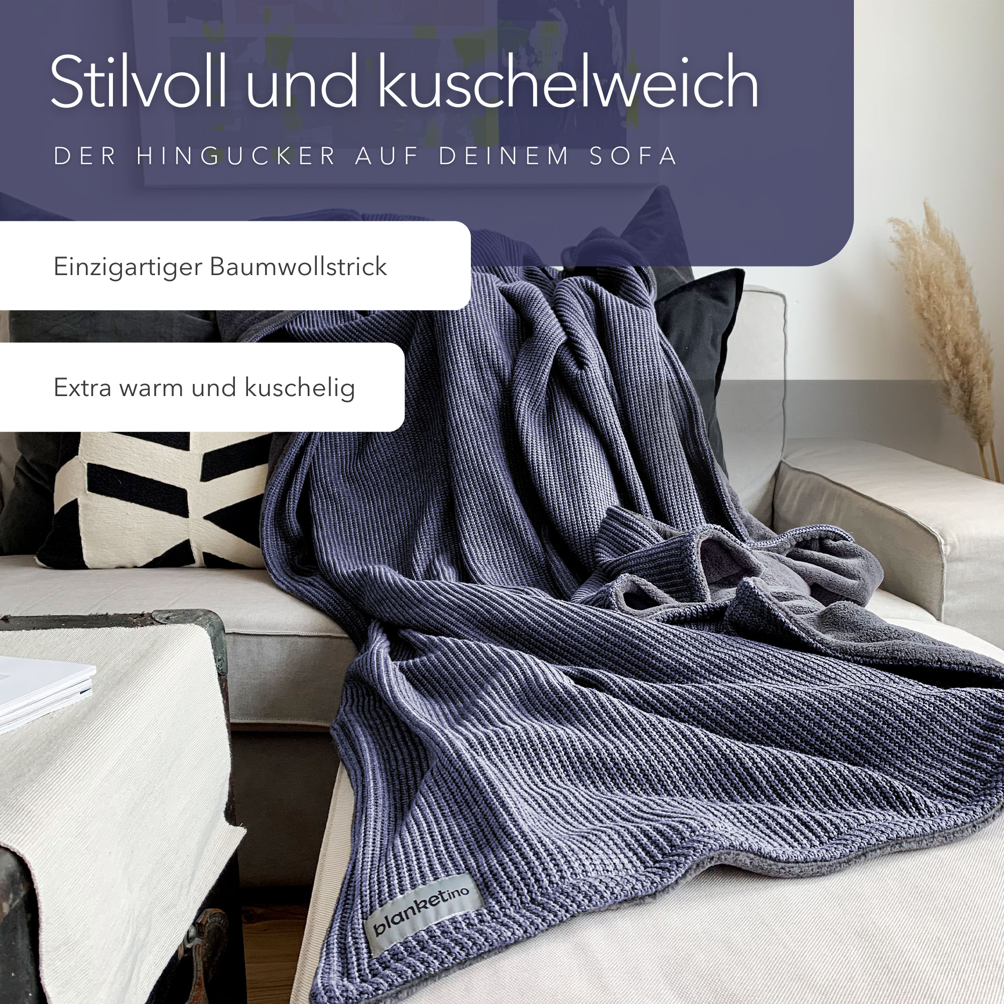 Kuscheldecke • Strick • Blau • Grau