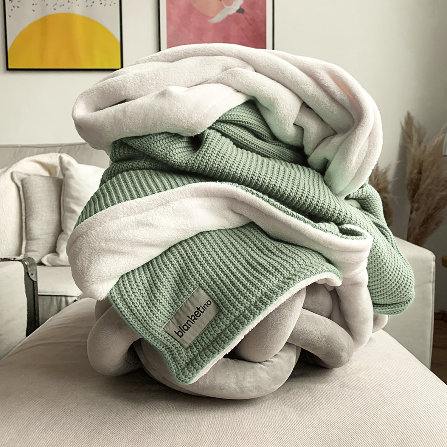 Kuscheldecke mit Baumwollstrick · Pistazie