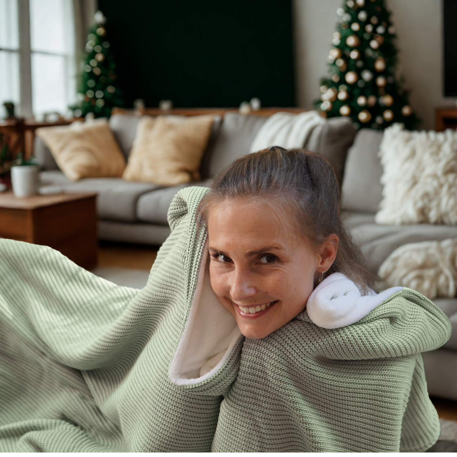 Kuscheldecke mit Baumwollstrick · Pistazie