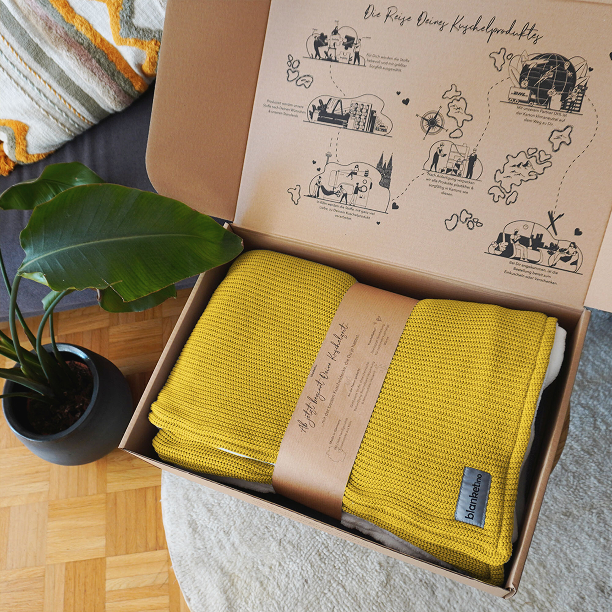 Kuscheldecke mit Baumwollstrick • Senfgelb