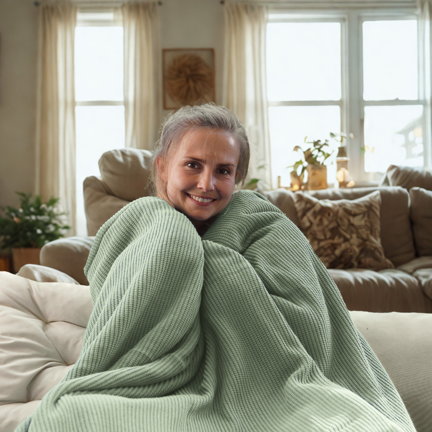 Kuscheldecke mit Baumwollstrick · Pistazie