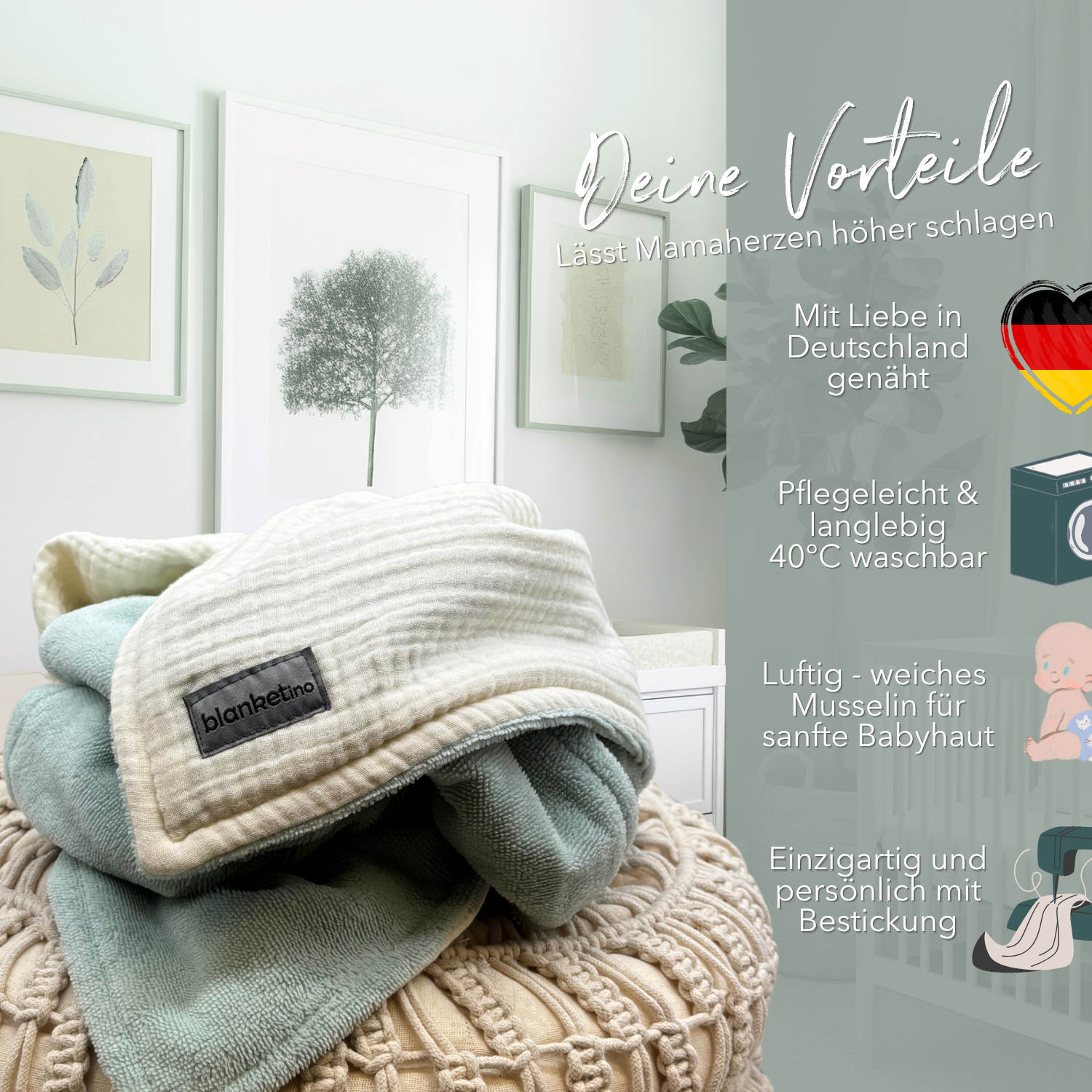 Musselin Babydecke mit Namen - 70 x 100 cm • Vanille-Grün