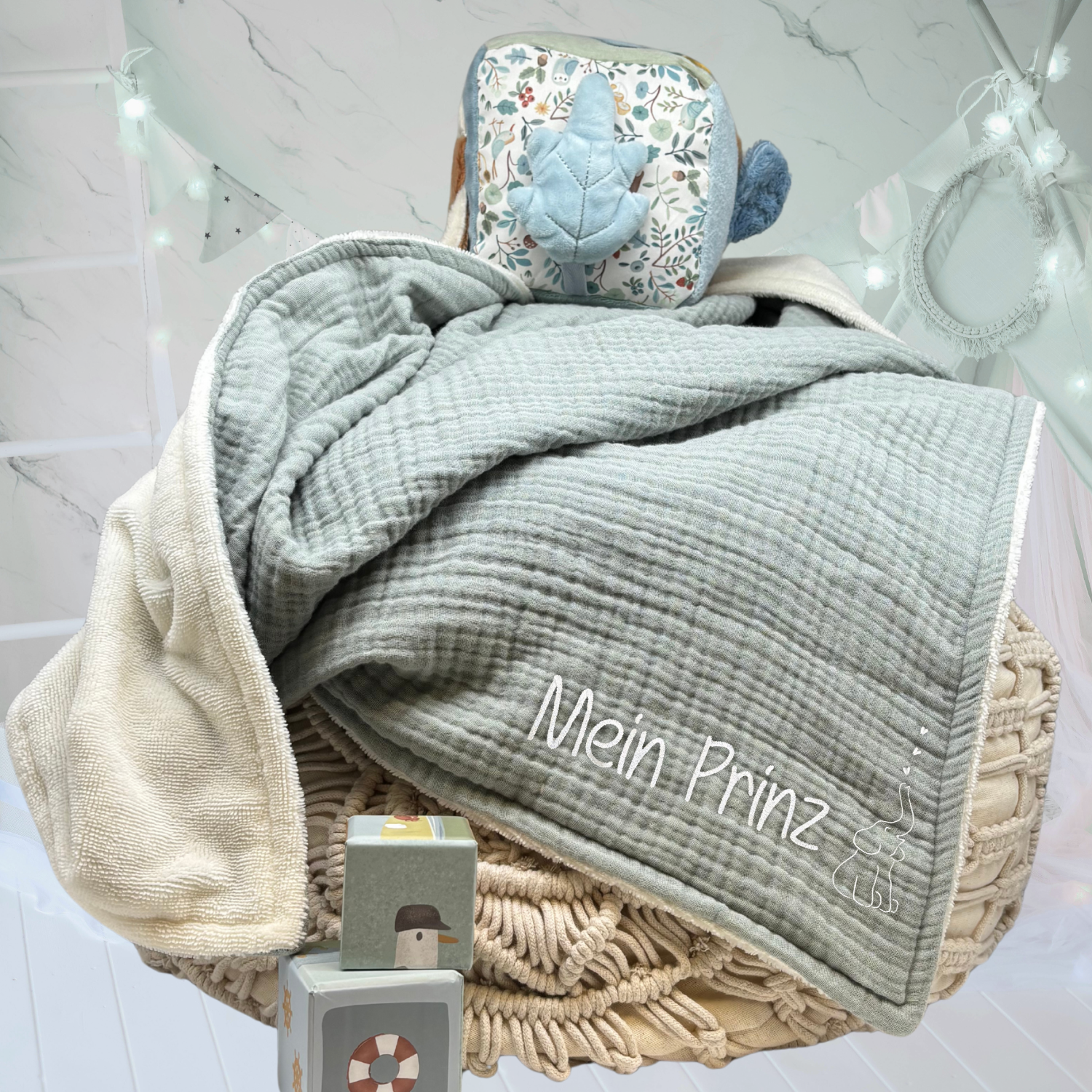 Musselin Babydecke mit Namen - 70 x 100 cm • Salbei