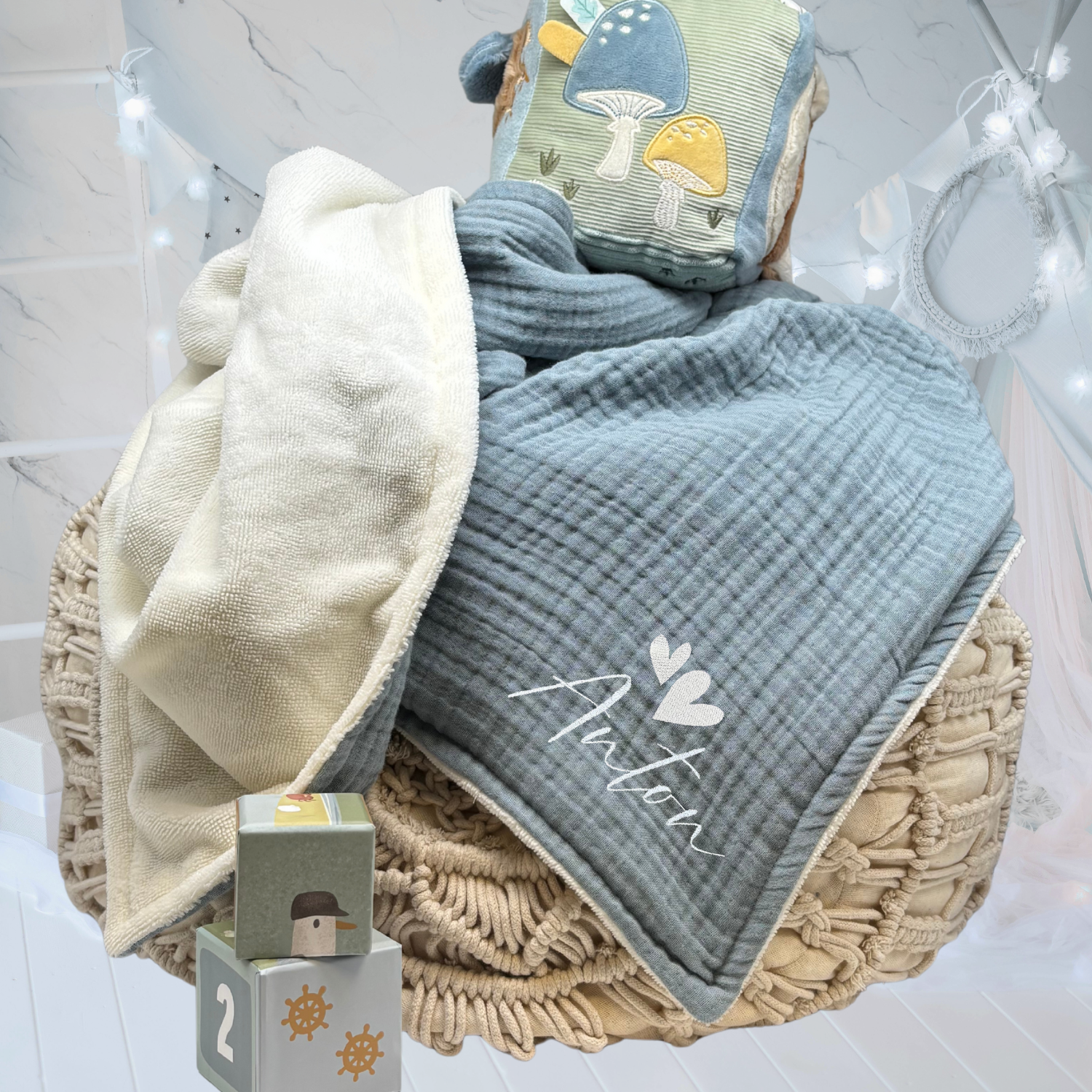 Musselin Babydecke mit Namen - 70 x 100 cm • Morgenblau