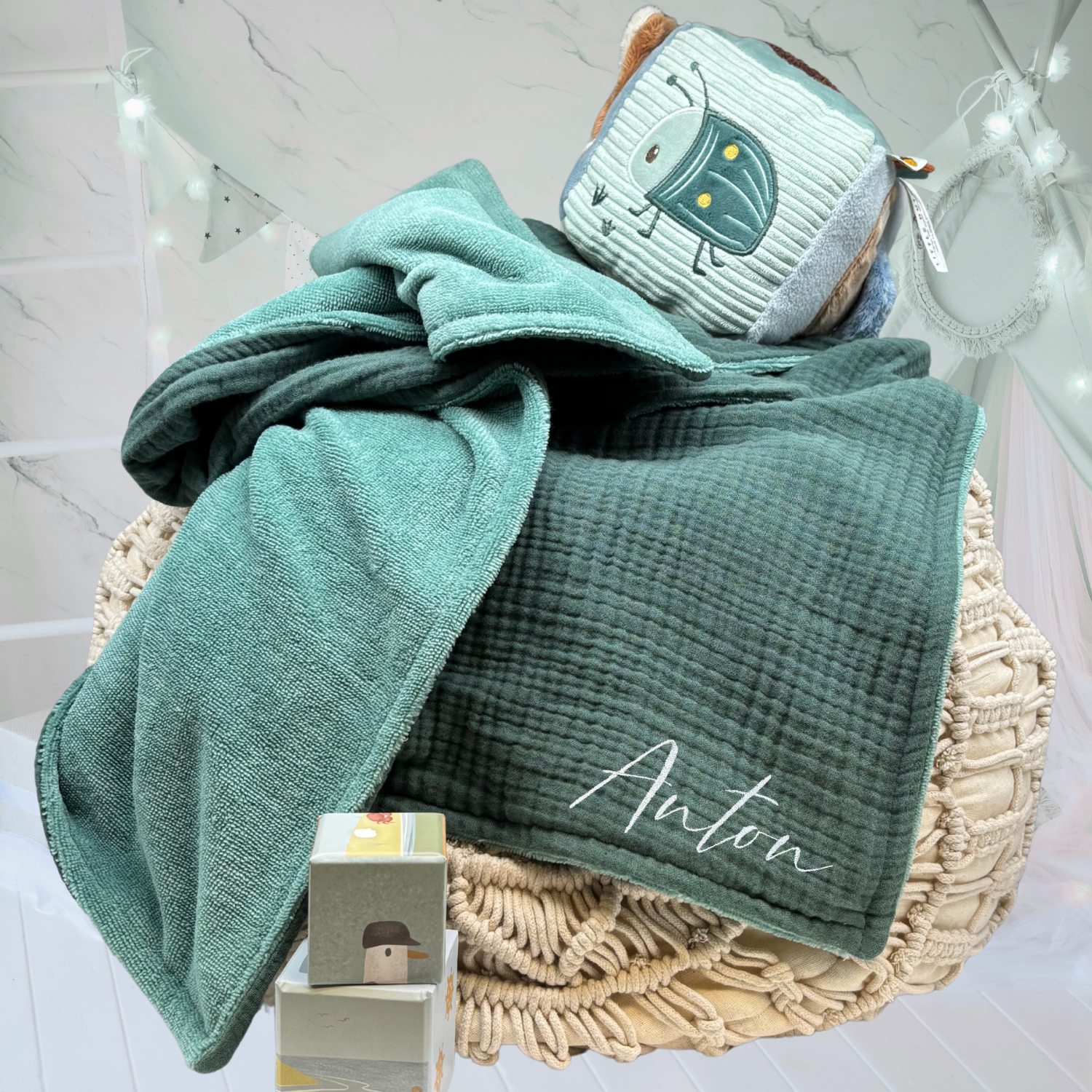Musselin Babydecke mit Namen - 70 x 100 cm • Dschungelgrün