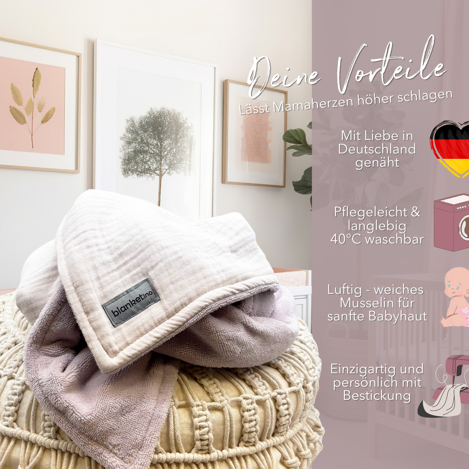 Musselin Babydecke mit Namen - 70 x 100 cm • Vintage Rosa