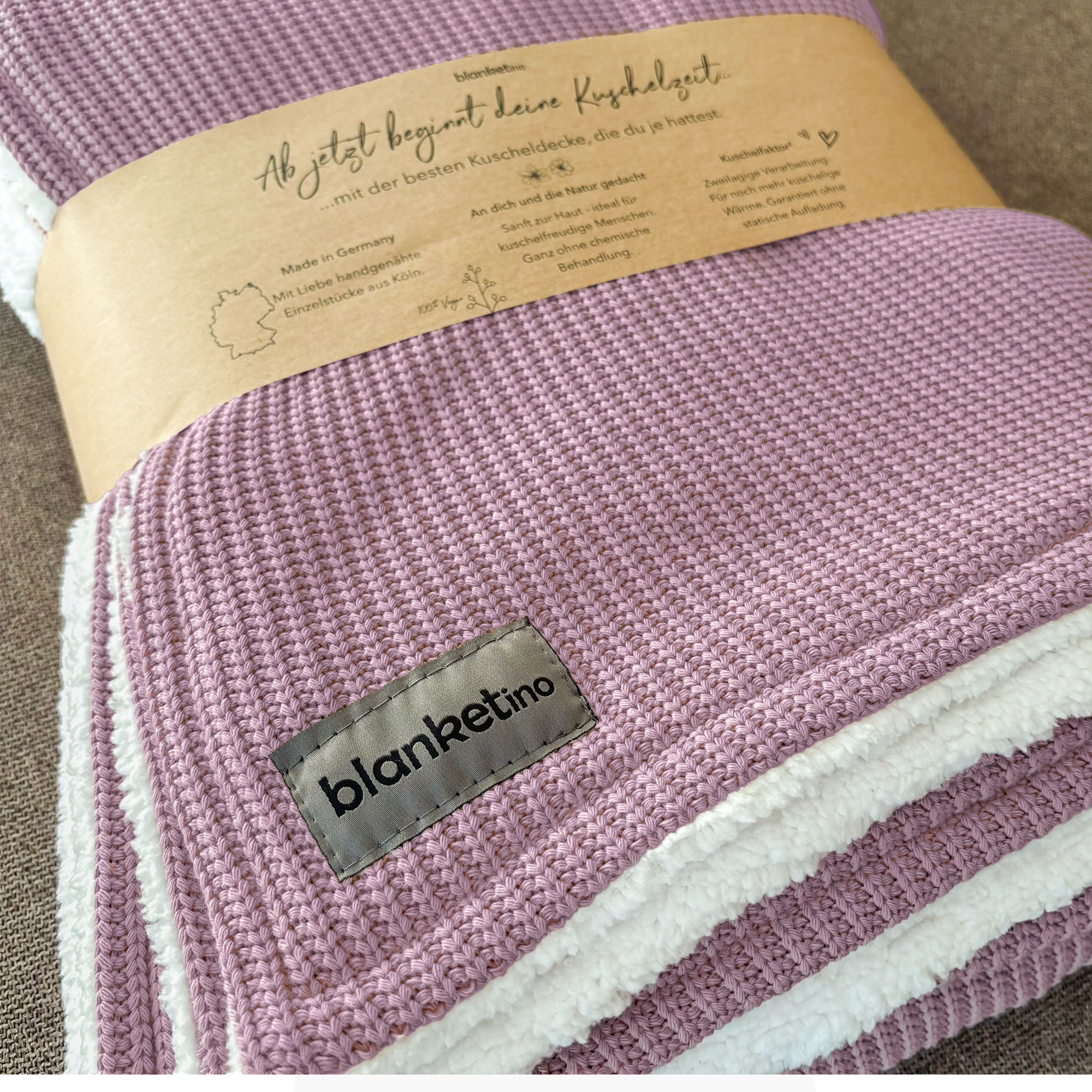 Kuscheldecke mit Baumwollstrick · Special-Edition mit Teddyfleece · Vintage Rosa