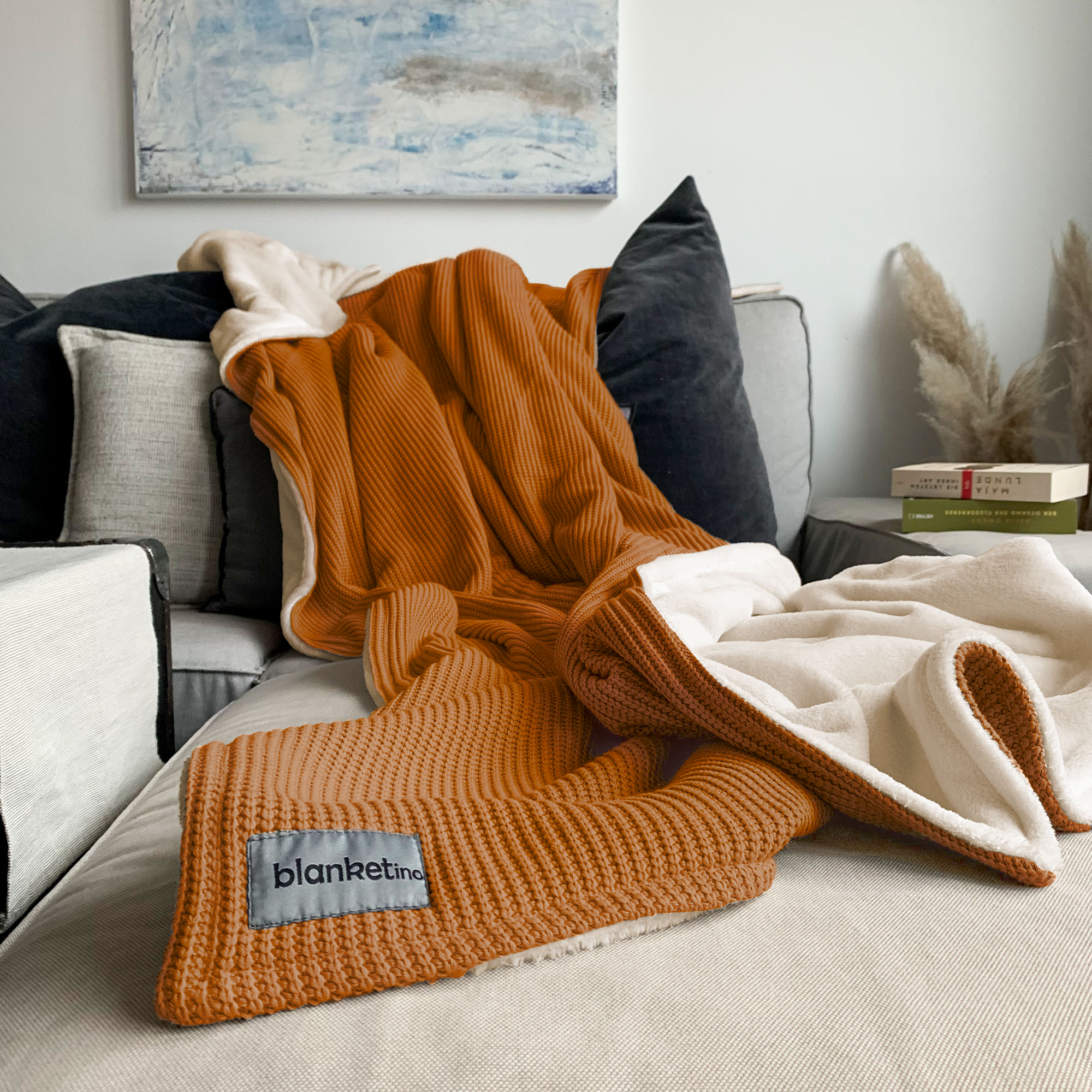 Kuscheldecke mit Baumwollstrick · Cognac·Beige