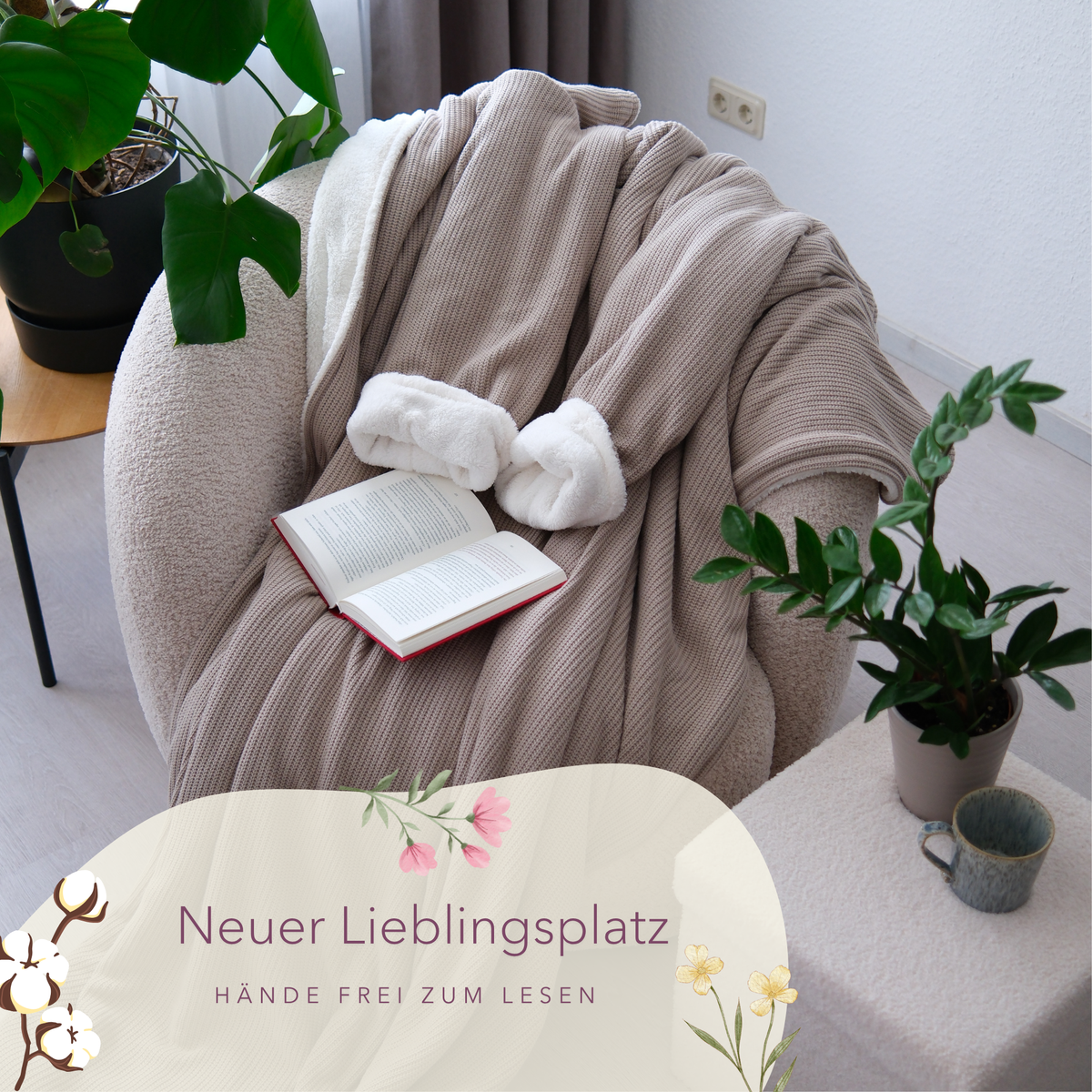 Kuscheldecke mit Ärmeln · Baumwollstrick · CHampagner