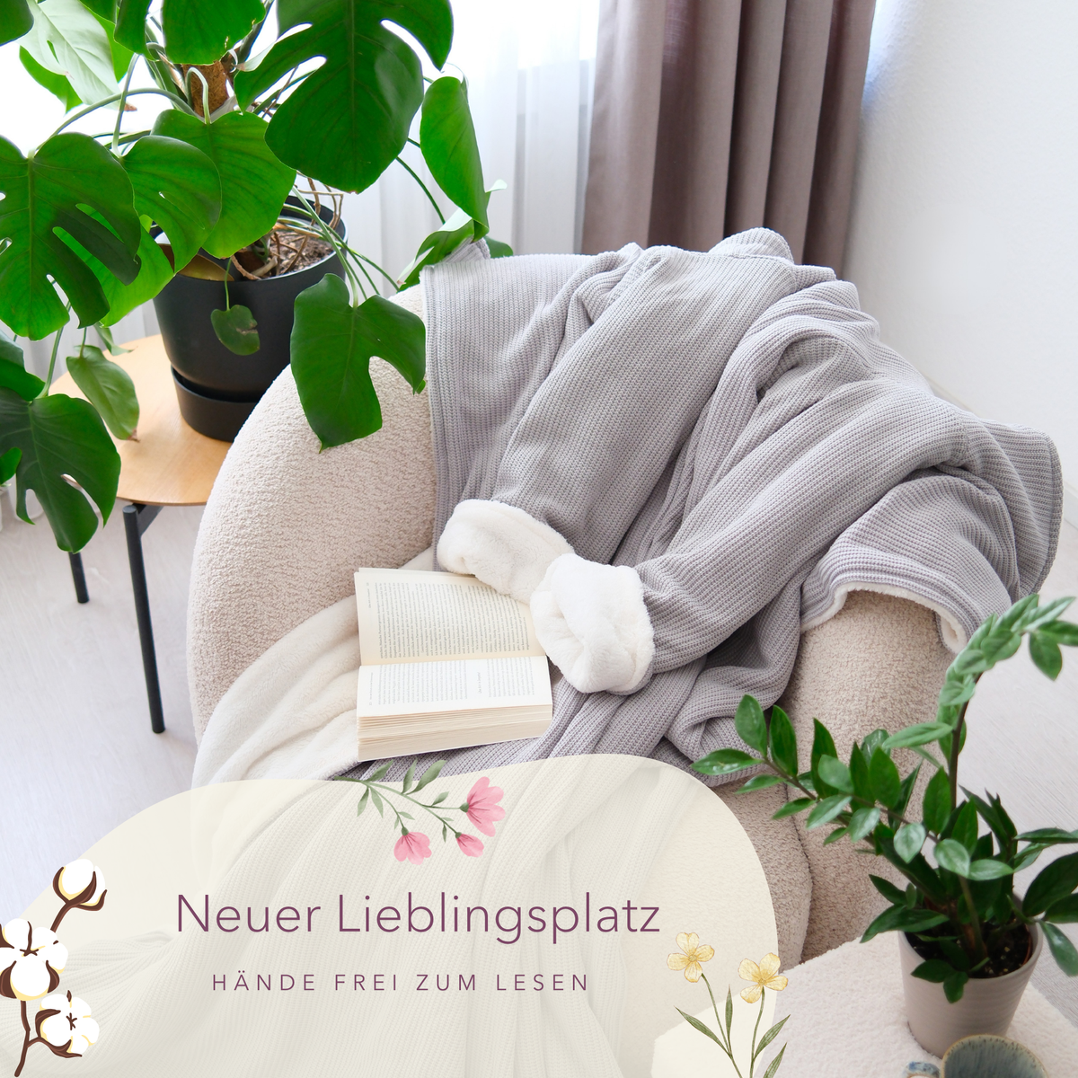Kuscheldecke mit Ärmeln · Baumwollstrick · Seidengrau - blanketino.de
