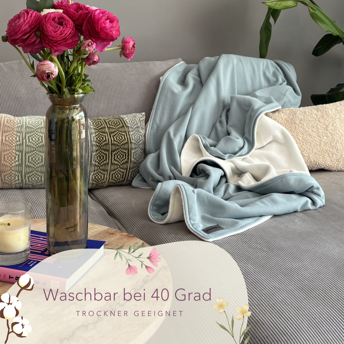 Weiche Baumwoll-Kuscheldecke von blanketino.de in Mint Blau, 140 x 210 cm, sommerlich, waschbar bei 40 Grad.