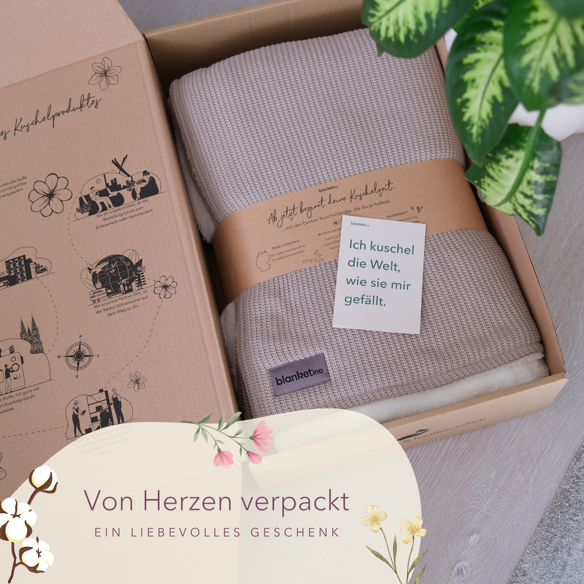 Weiche Baumwollstrick-Kuscheldecke in Champagner von blanketino.de, ideal als Wohndecke oder Geschenk in Geschenkverpackung