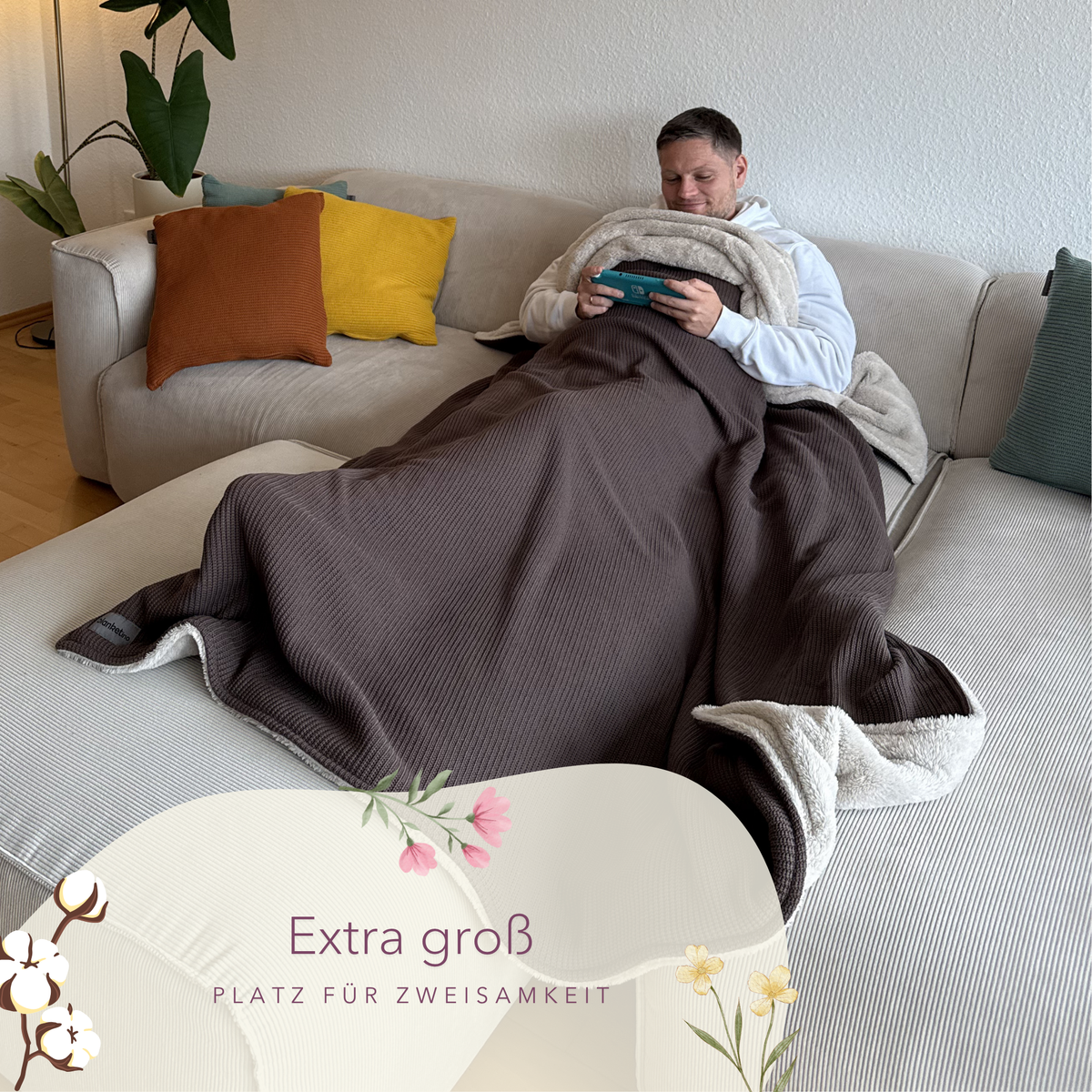 Kuscheldecke mit Baumwollstrick · Espresso Braun