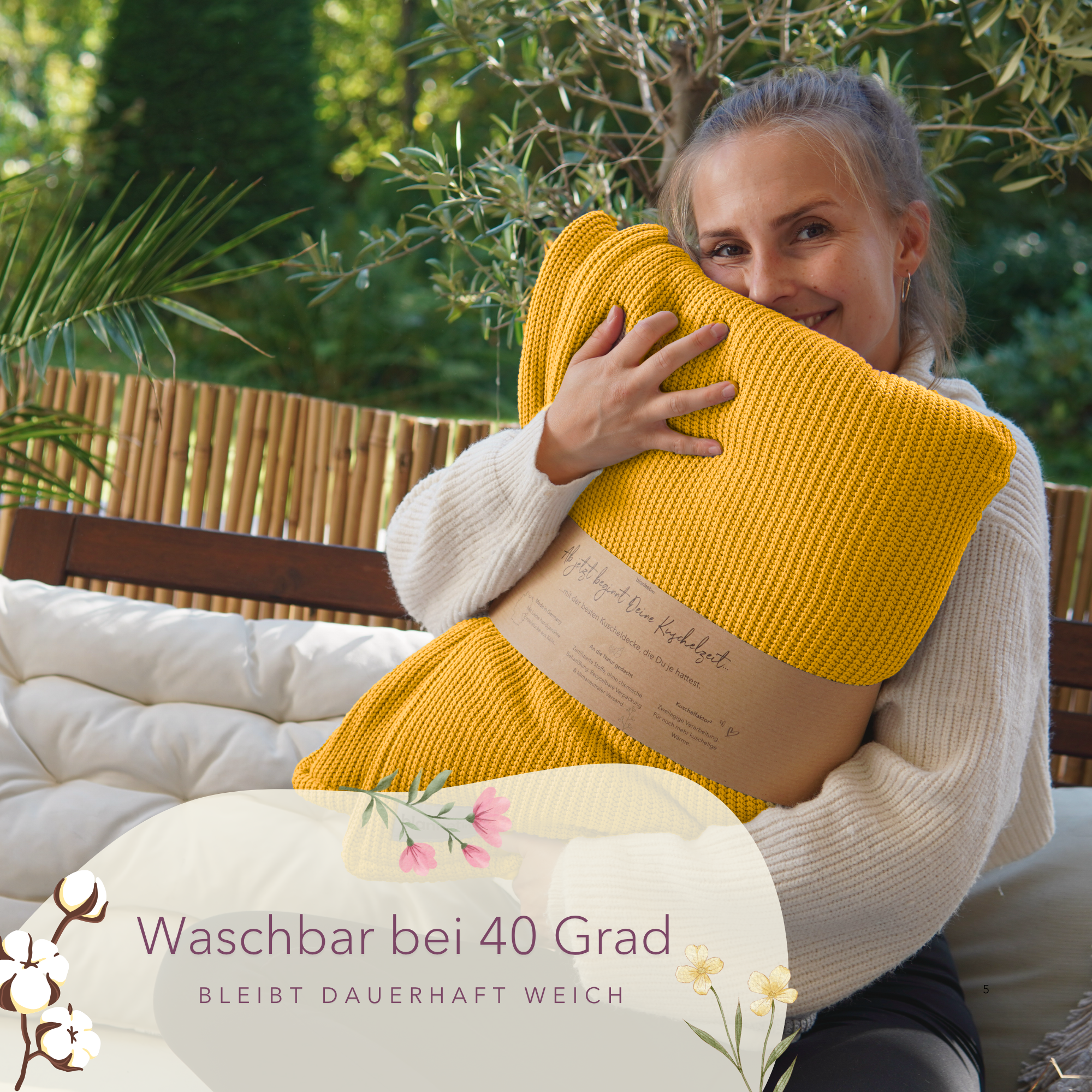 Kuscheldecke mit Baumwollstrick · Sonnengelb