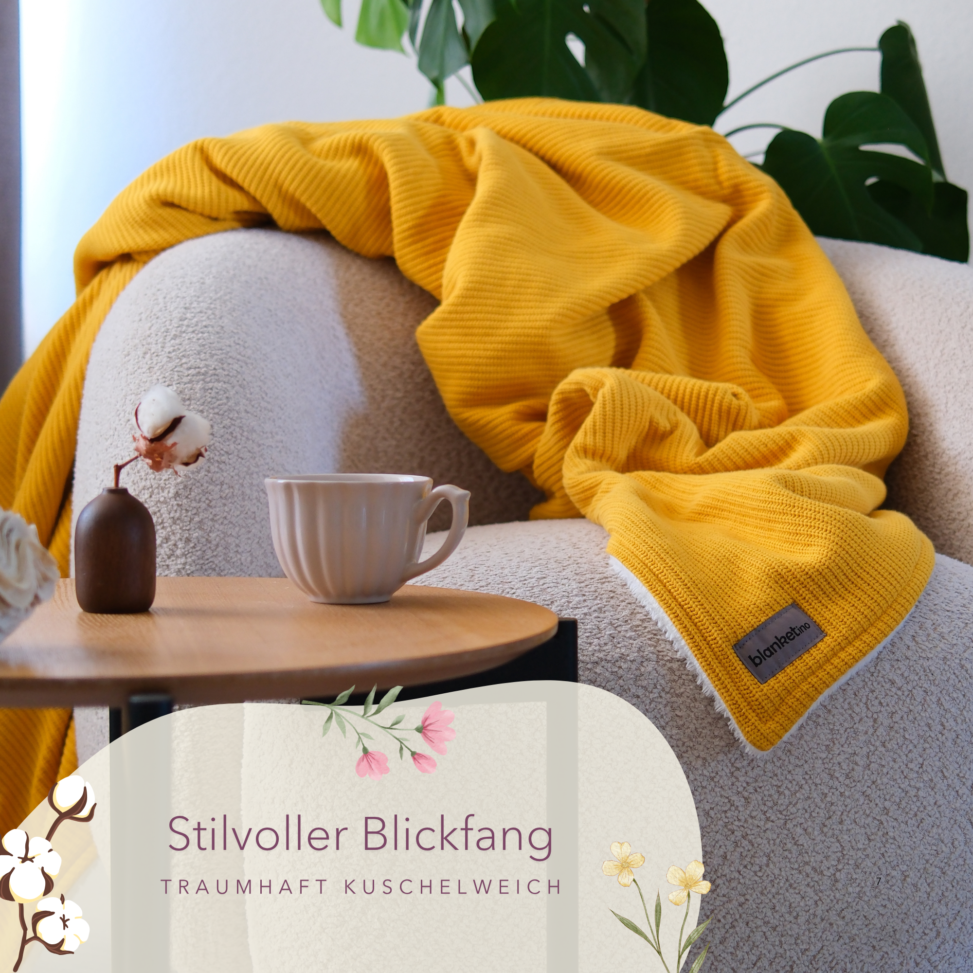 Kuscheldecke mit Baumwollstrick · Sonnengelb