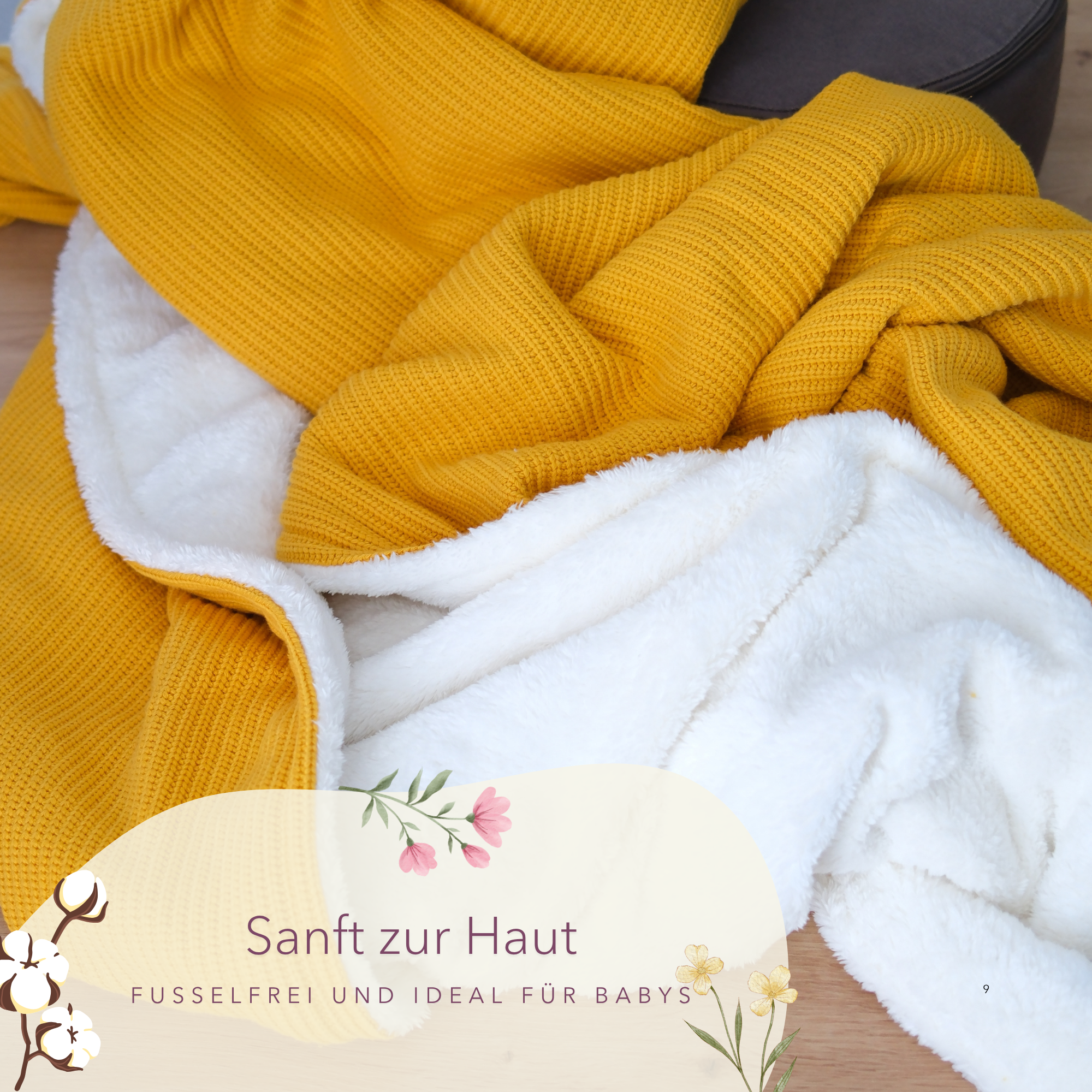 Kuscheldecke mit Baumwollstrick · Sonnengelb