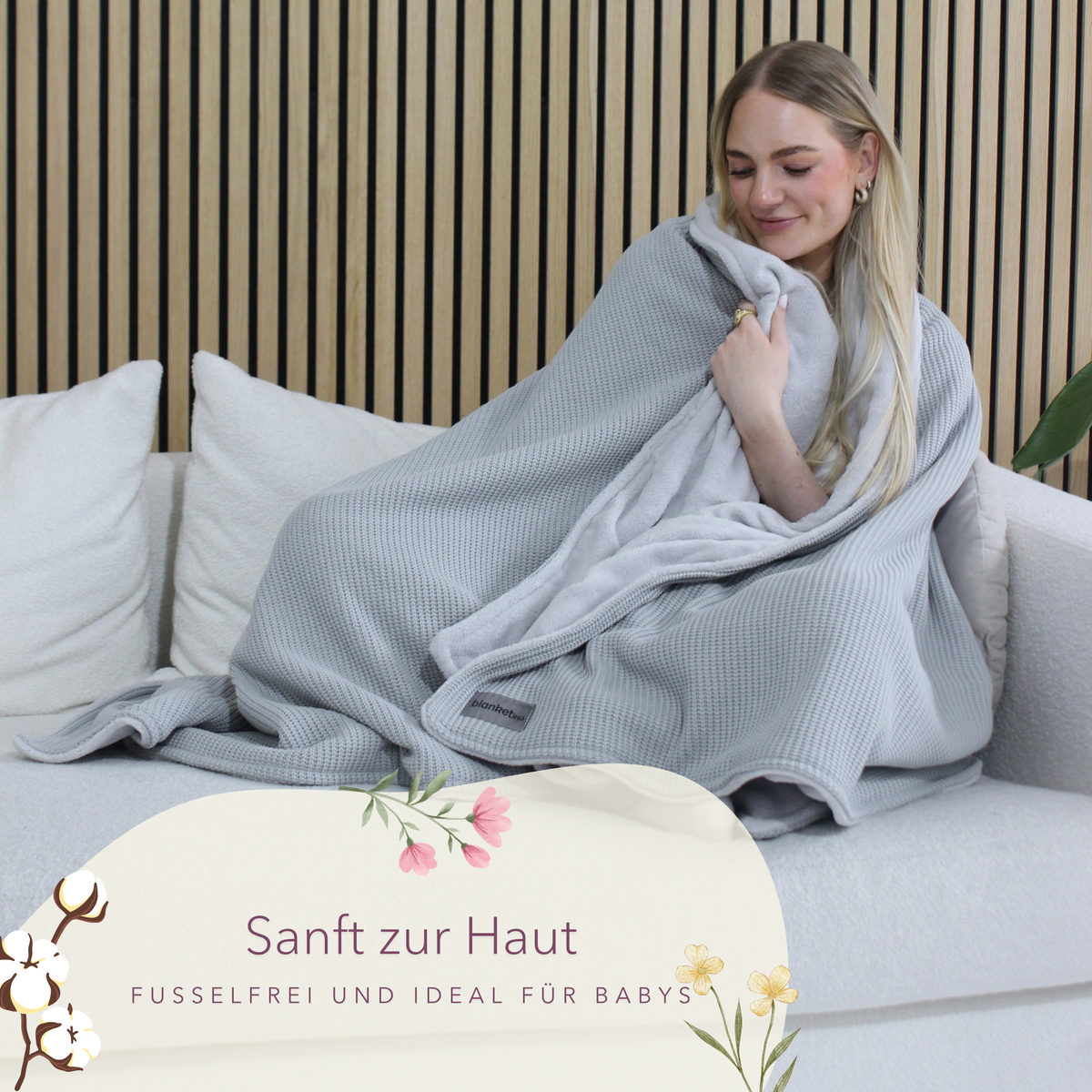 Hellegraue Kuscheldecke mit Baumwollstrick von blanketino.de, weiche Wohndecke perfekt für Sofa und gemütliche Abende