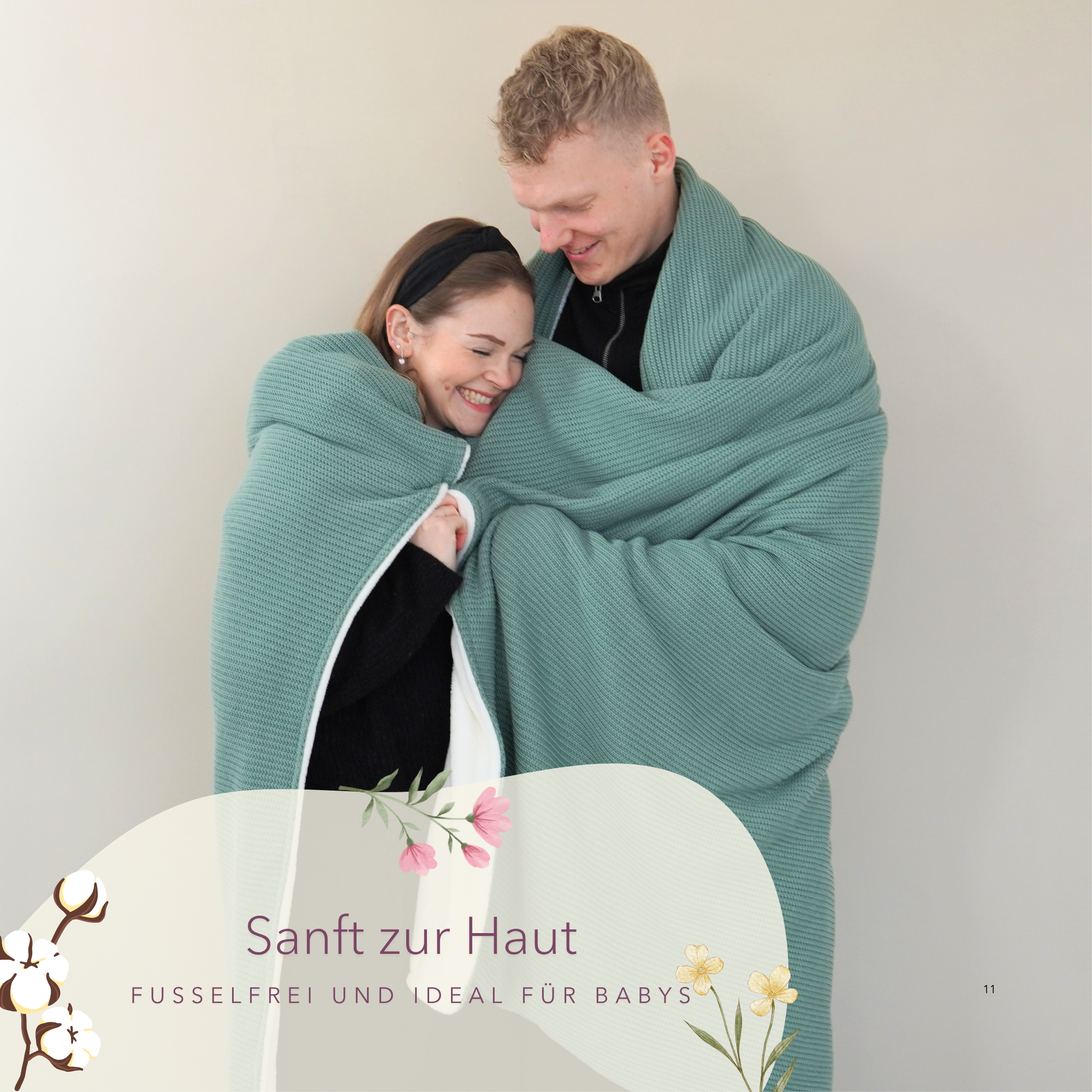 Kuscheldecke mit Baumwollstrick · Seegrün