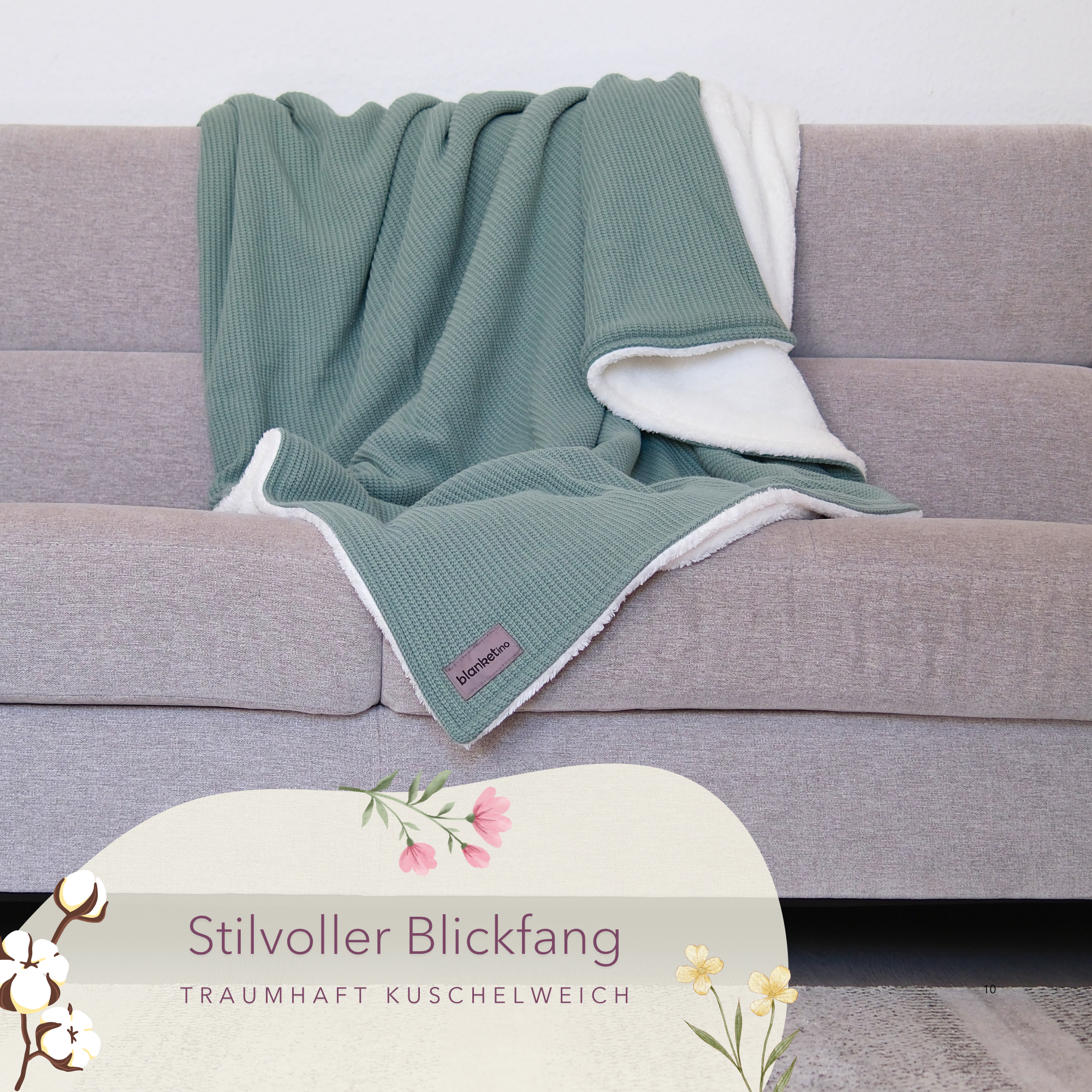 Kuscheldecke mit Baumwollstrick · Seegrün