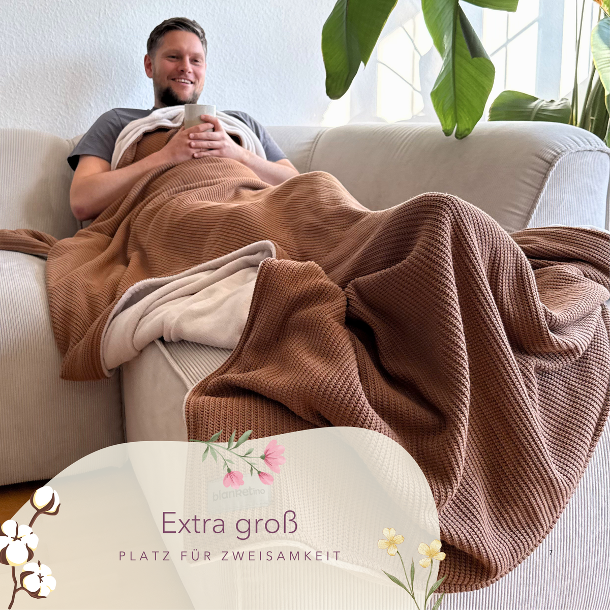 Kuscheldecke mit Baumwollstrick · Terracotta · Beige