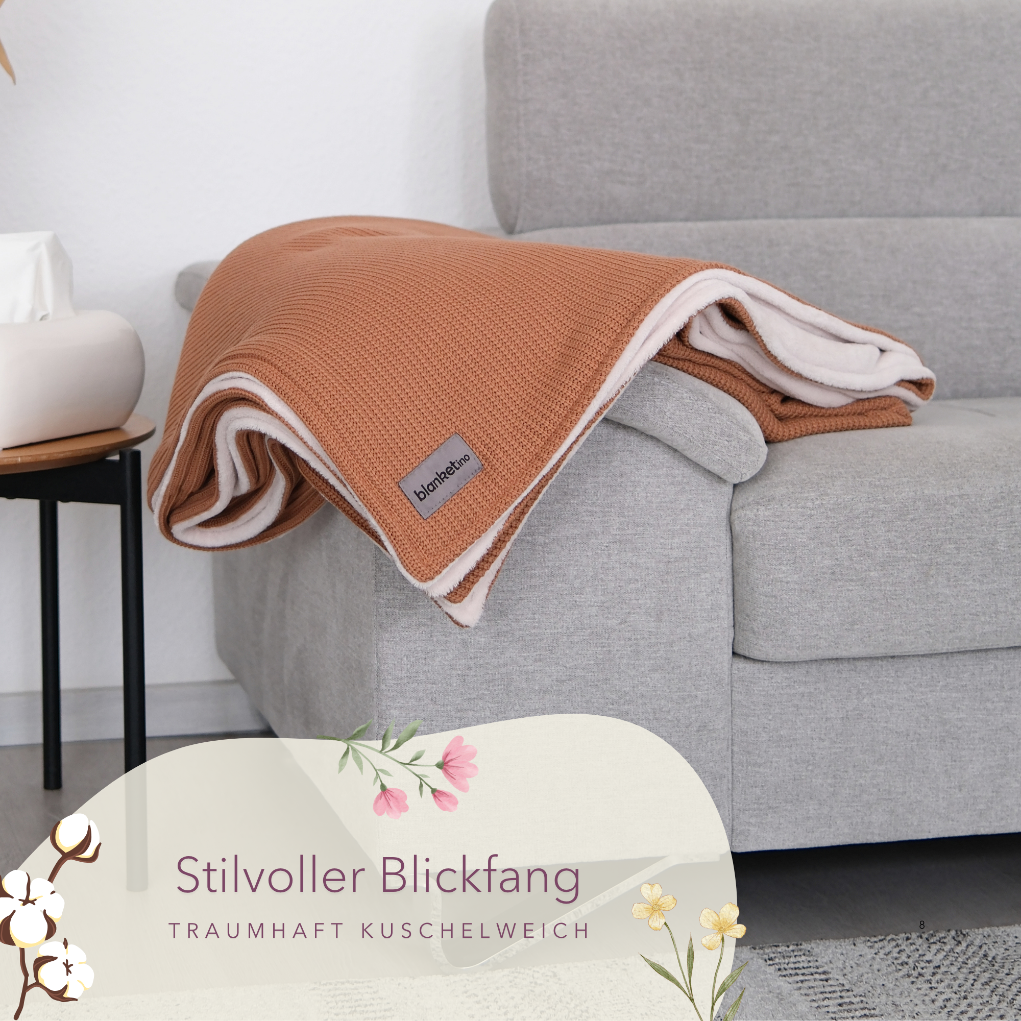 Kuscheldecke mit Baumwollstrick · Terracotta · Beige