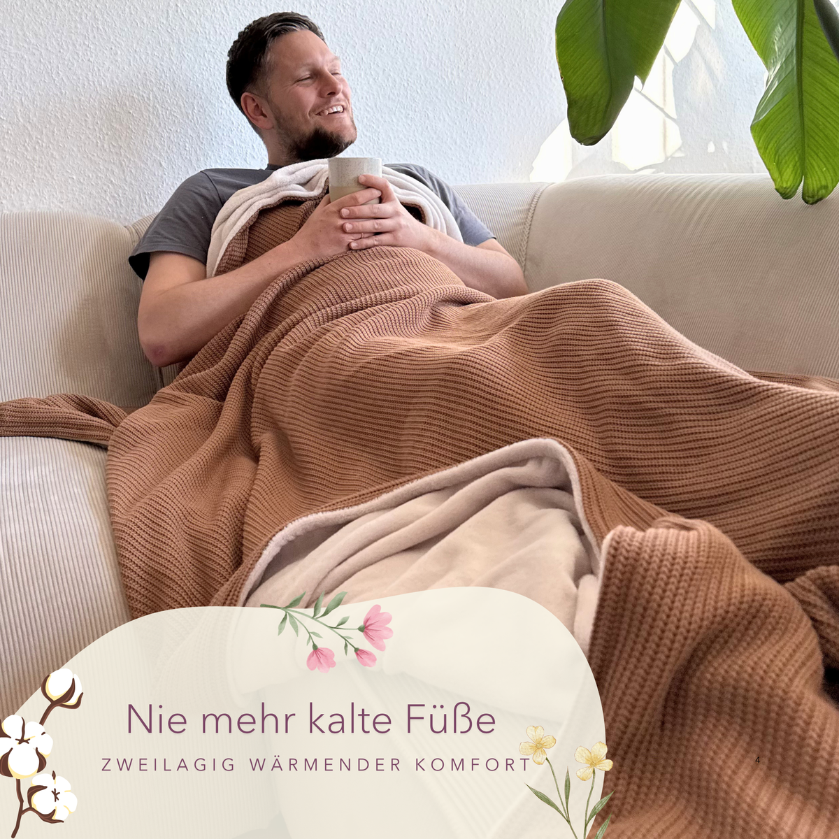 Kuscheldecke mit Baumwollstrick · Terracotta · Beige