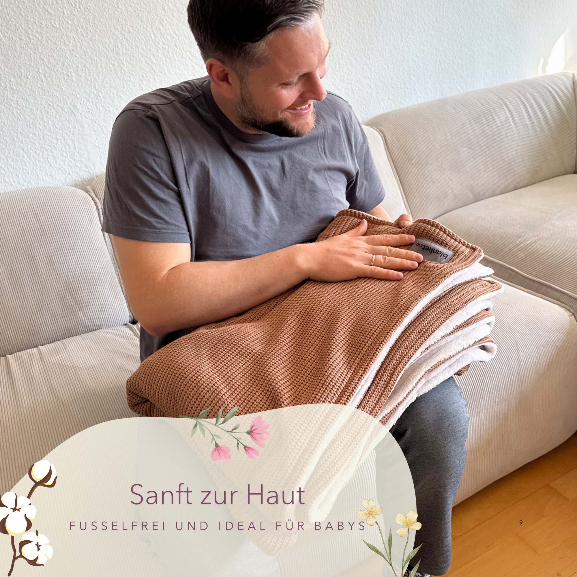 Kuscheldecke mit Baumwollstrick · Terracotta · Beige