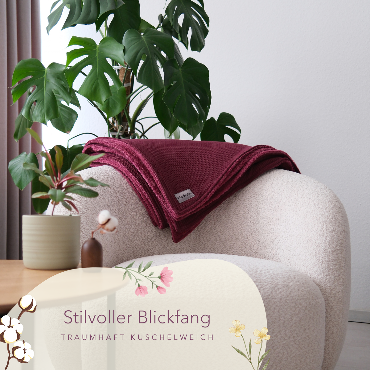 Kuscheldecke mit Baumwollstrick · Weinbeerrot