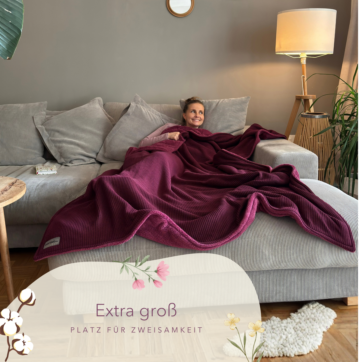 Kuscheldecke mit Baumwollstrick · Weinbeerrot