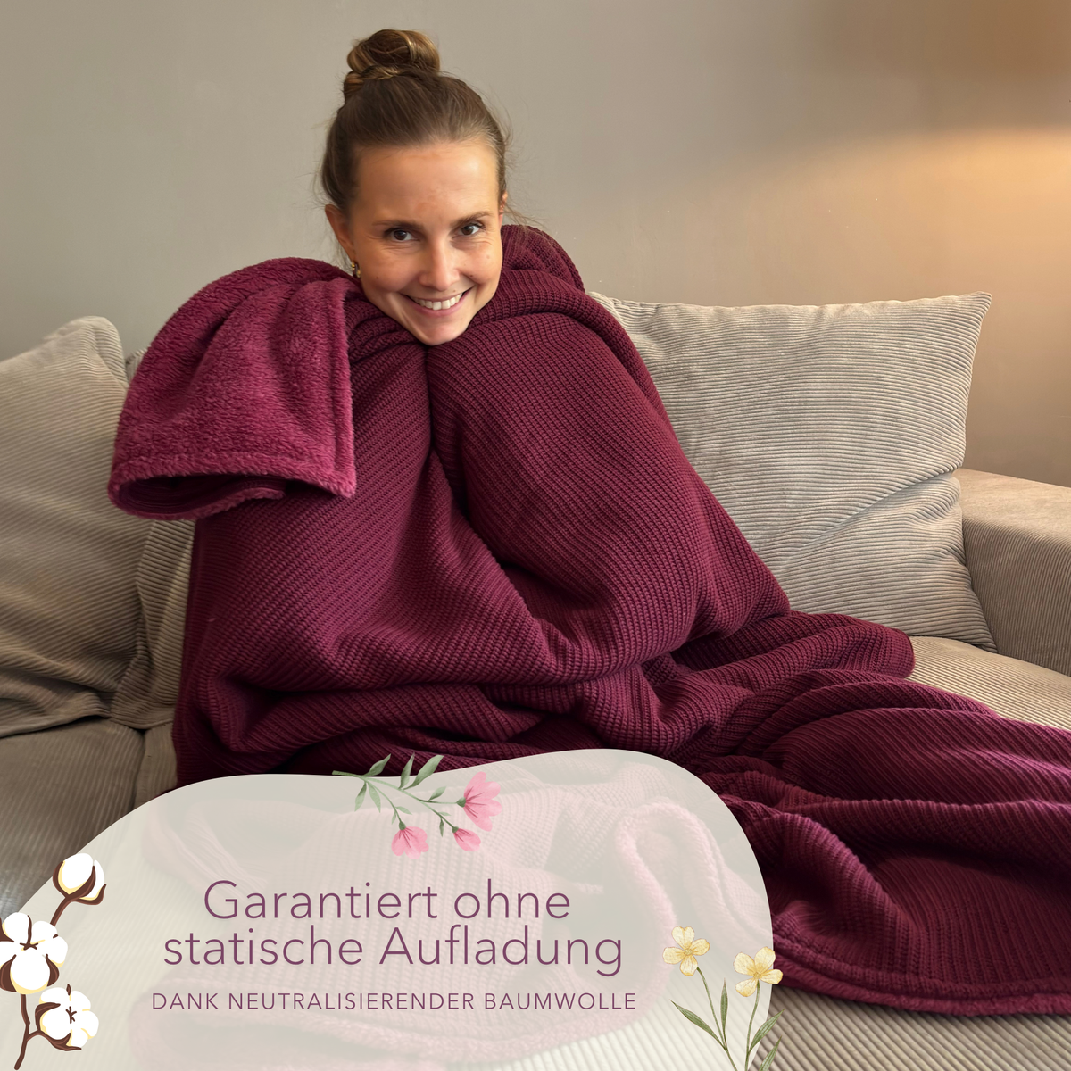 Kuscheldecke mit Baumwollstrick · Weinbeerrot