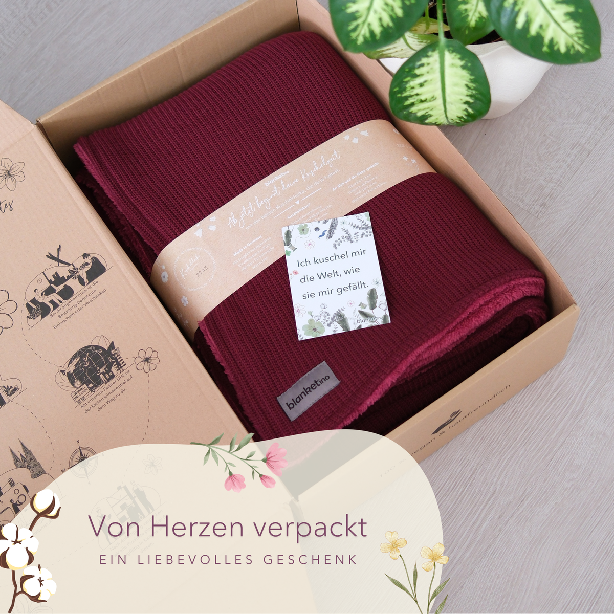 Kuscheldecke mit Baumwollstrick · Weinbeerrot
