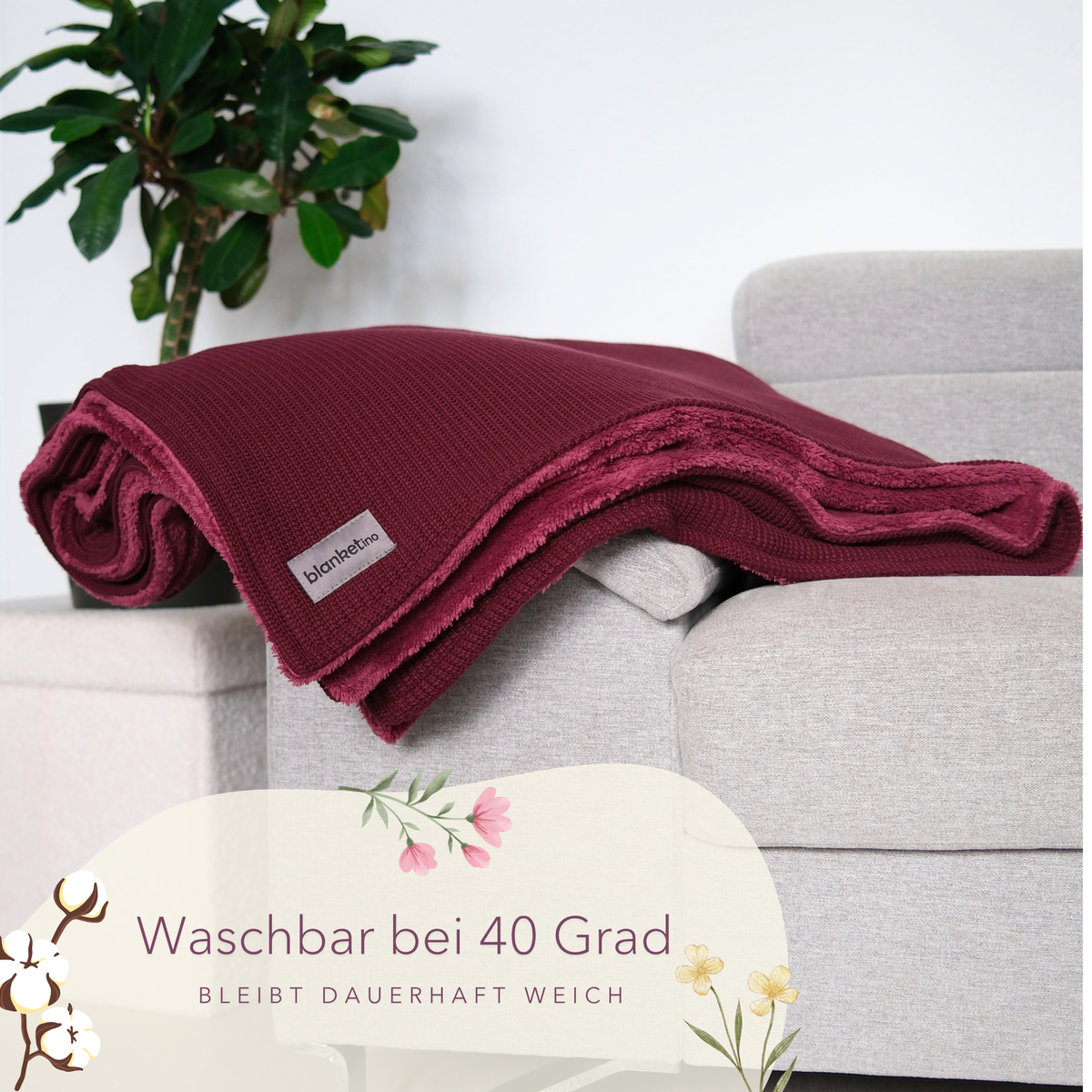 Kuscheldecke mit Baumwollstrick · Weinbeerrot