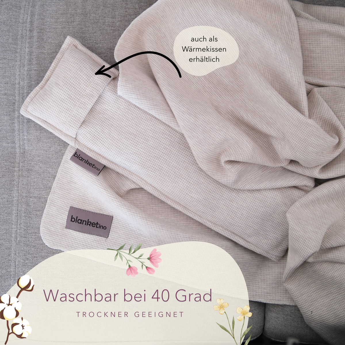 Leichte Baumwoll-Sommerdecke in Creme-Melange mit Waermekissen, waschbar bei 40°C, ideal für angenehme Sommertage