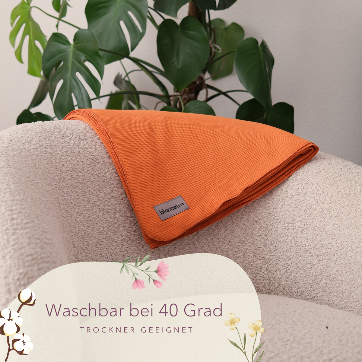 Leichte Baumwolldecke von blanketino.de, 150 x 210 cm, orange, sommerlich, pflegeleicht und waschbar bei 40 Grad.