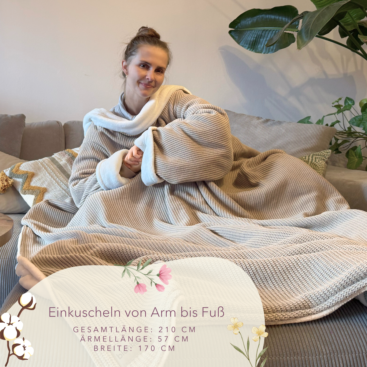 Kuscheldecke mit Ärmeln · Baumwollstrick · CHampagner