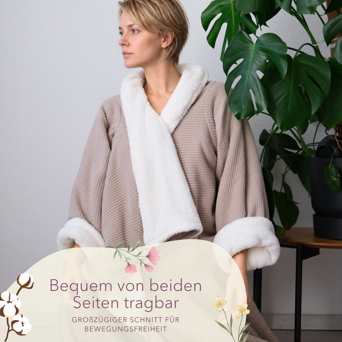 Kuscheldecke mit Ärmeln · Baumwollstrick · CHampagner
