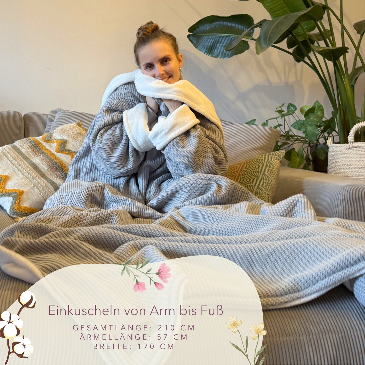 Kuscheldecke mit Ärmeln · Baumwollstrick · Seidengrau - blanketino.de