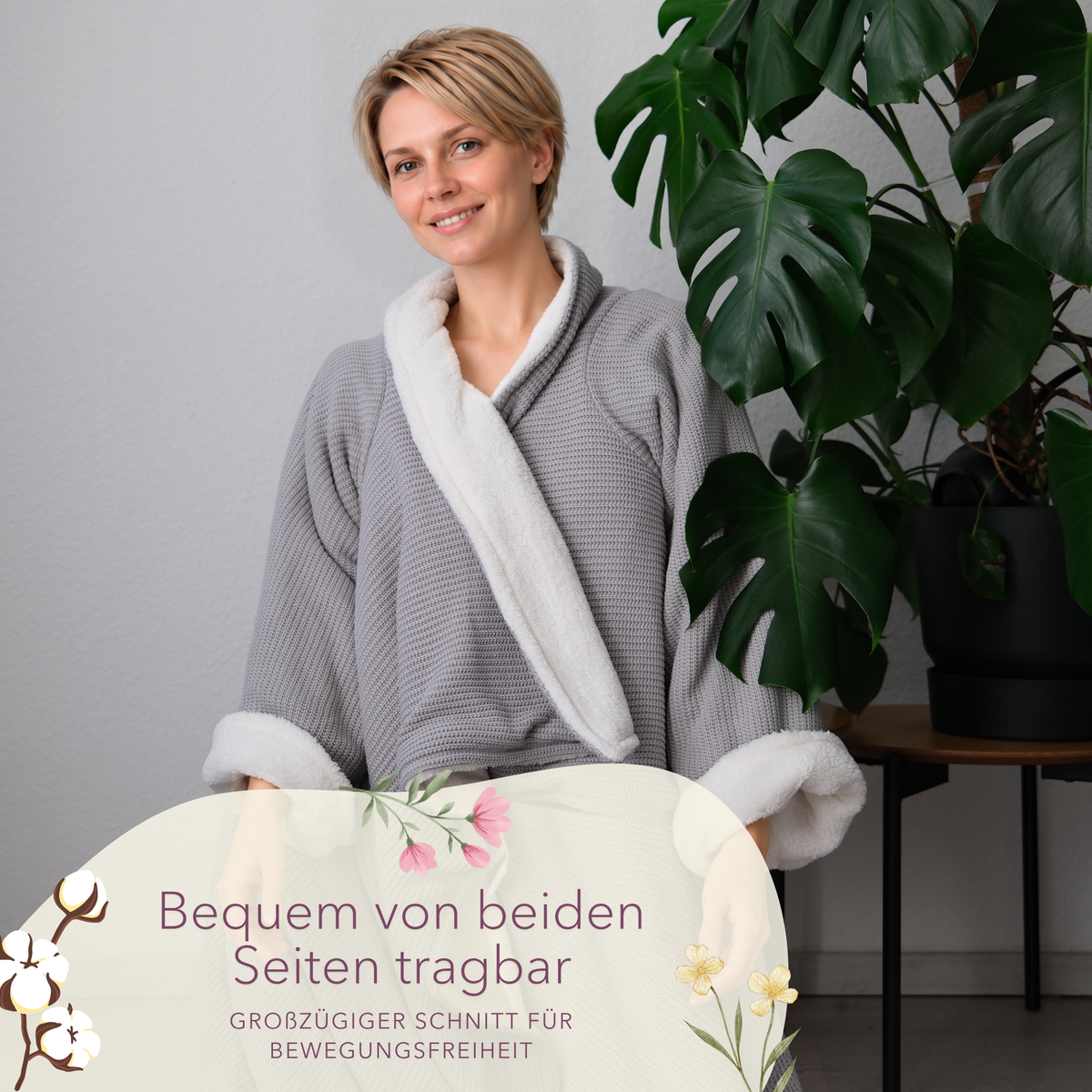 Kuscheldecke mit Ärmeln · Baumwollstrick · Seidengrau - blanketino.de