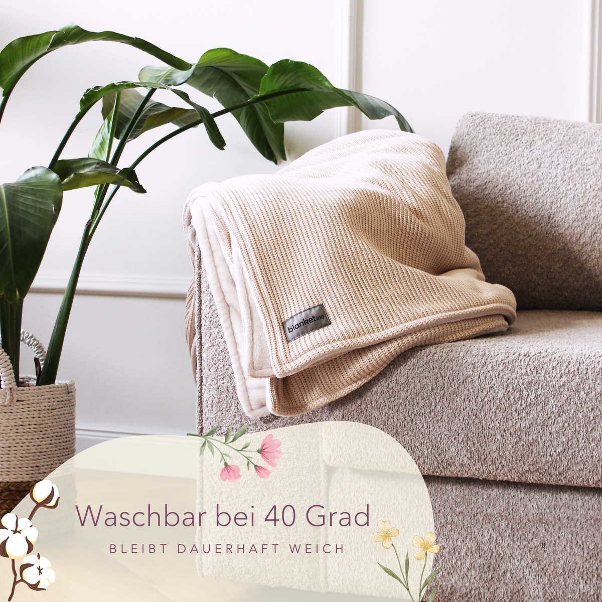 Weiche Kuscheldecke mit Baumwollstrick in Creme, waschbar bei 40 Grad, von blanketino.de für gemütliche Stunden.