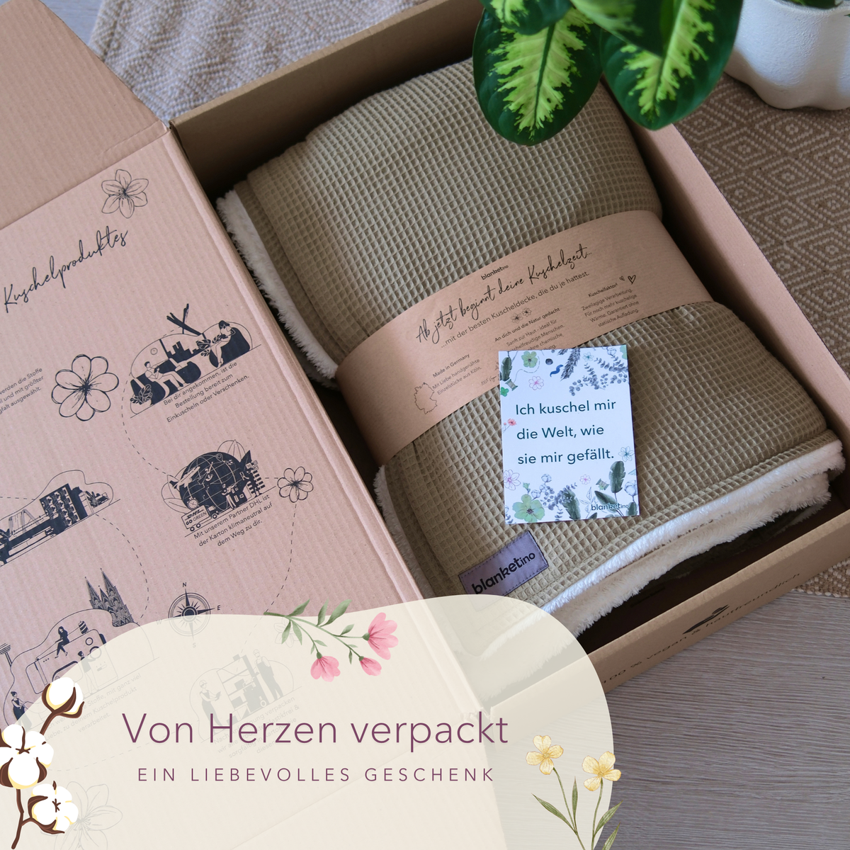 Olivgrüne Kuscheldecke "Vollkommen" von blanketino.de, weiche Waffelpique, perfekt zum Kuscheln, in Geschenkverpackung