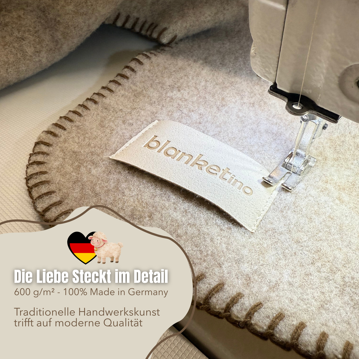 Hochwertige beige Merinowolldecke von blanketino.de mit detailreicher Naht und weicher Kuscheldecke für gemütliche Stunden