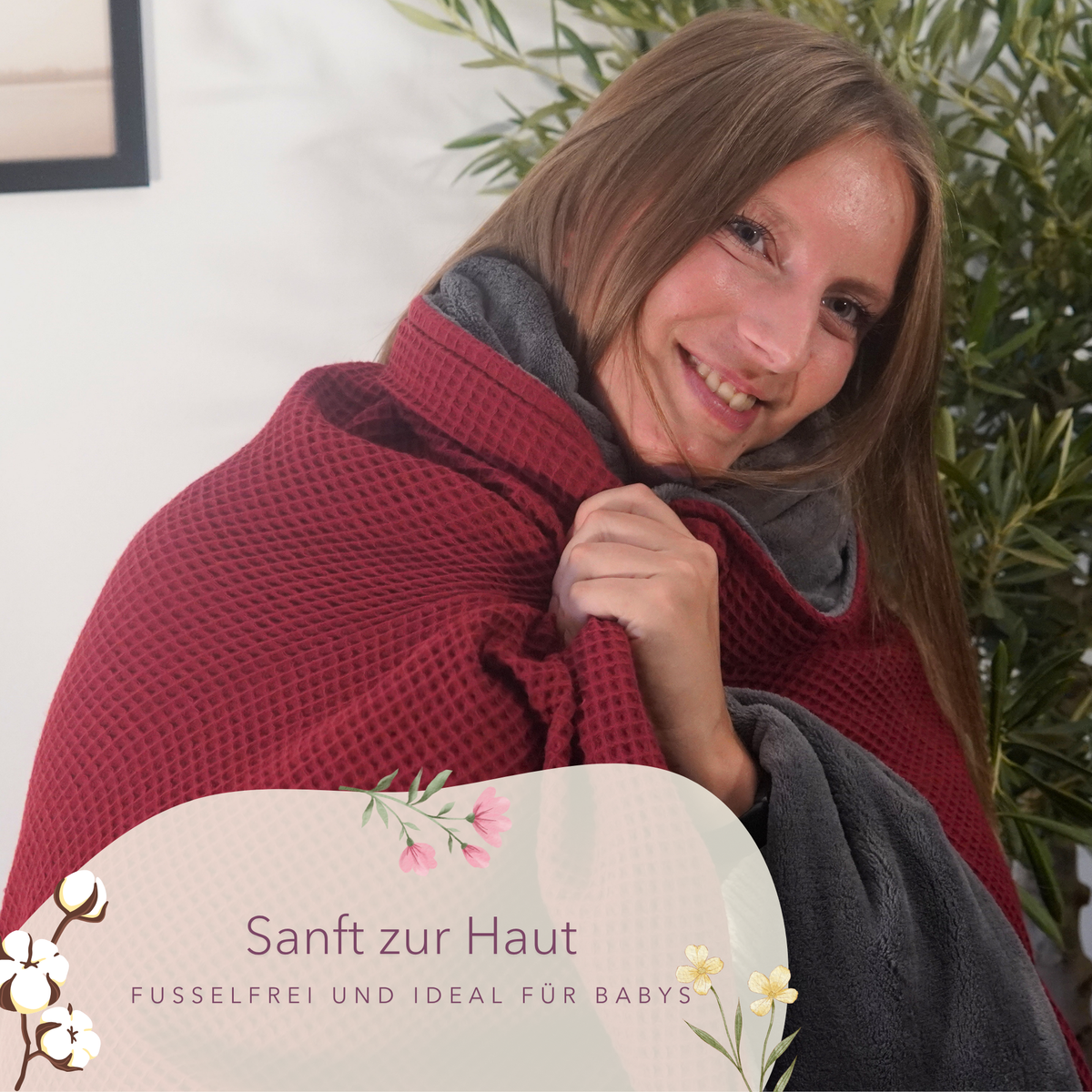 Weiche Kuscheldecke "Vollkommen" in Weinrot und Stahlgrau von blanketino.de, sanft zur Haut, perfekt zum Kuscheln.